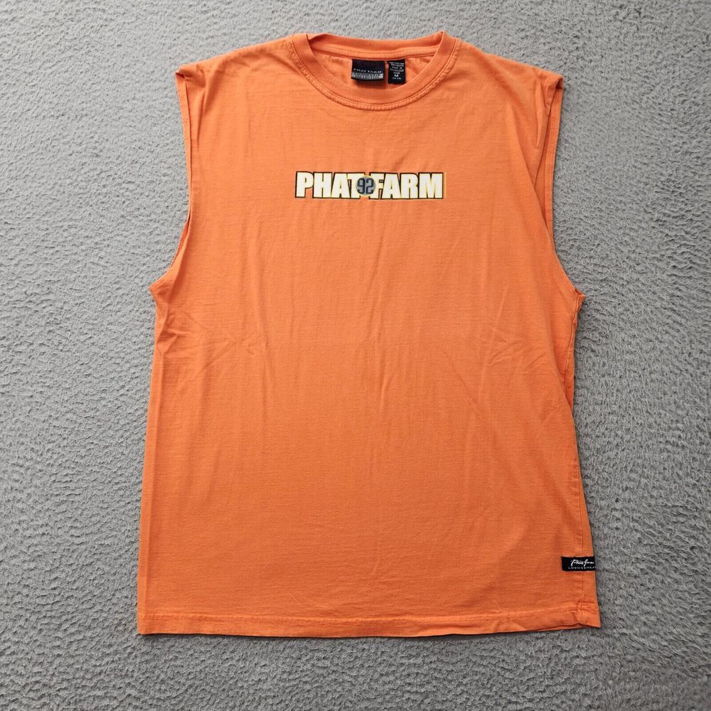 Phat Farm Shirt Mens Medium‎ Orange Spellout Logo Sleeveless Tank Gym Y2K Casual